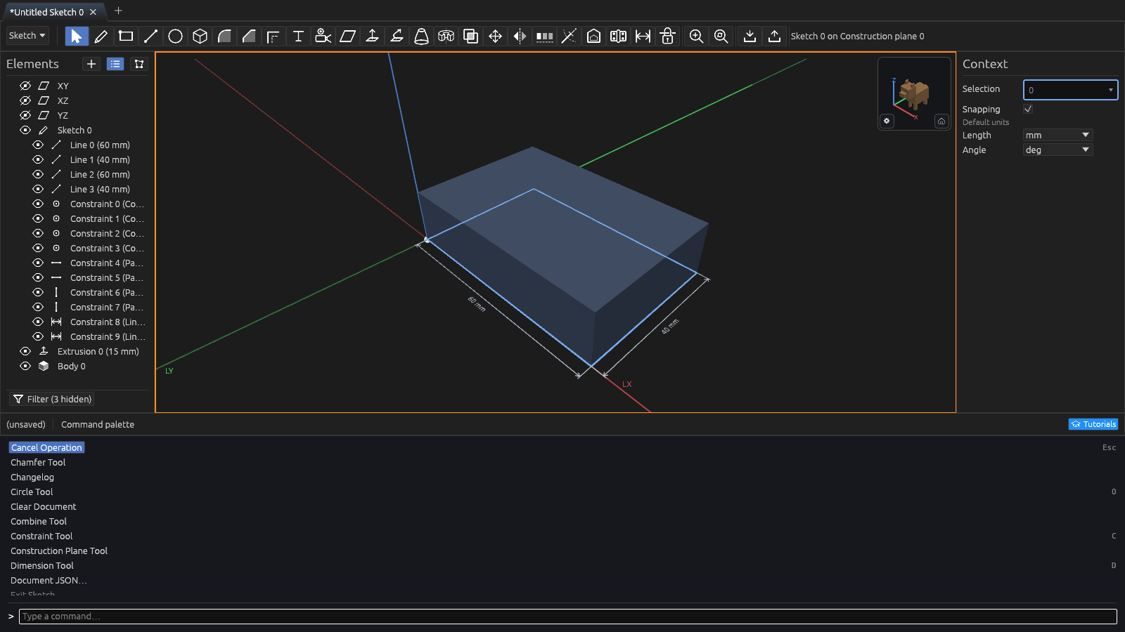 The command palette open over the viewport