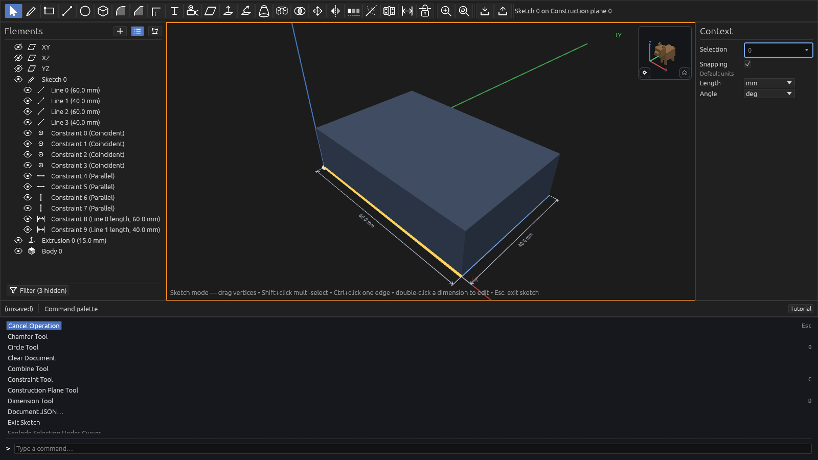 The command palette open over the viewport