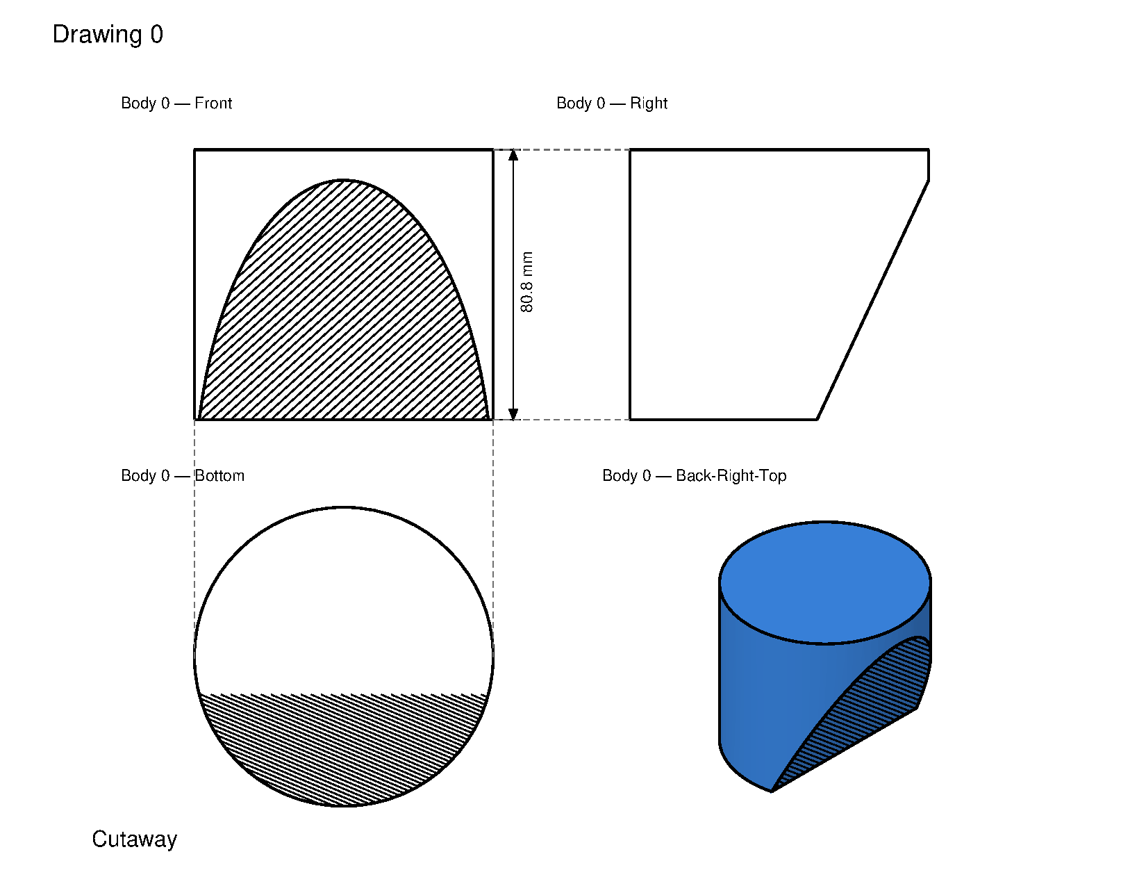 The PDF export of a technical drawing: four views of a cut cylinder, the cut faces hatched, one length dimension, and a blue three-quarter view