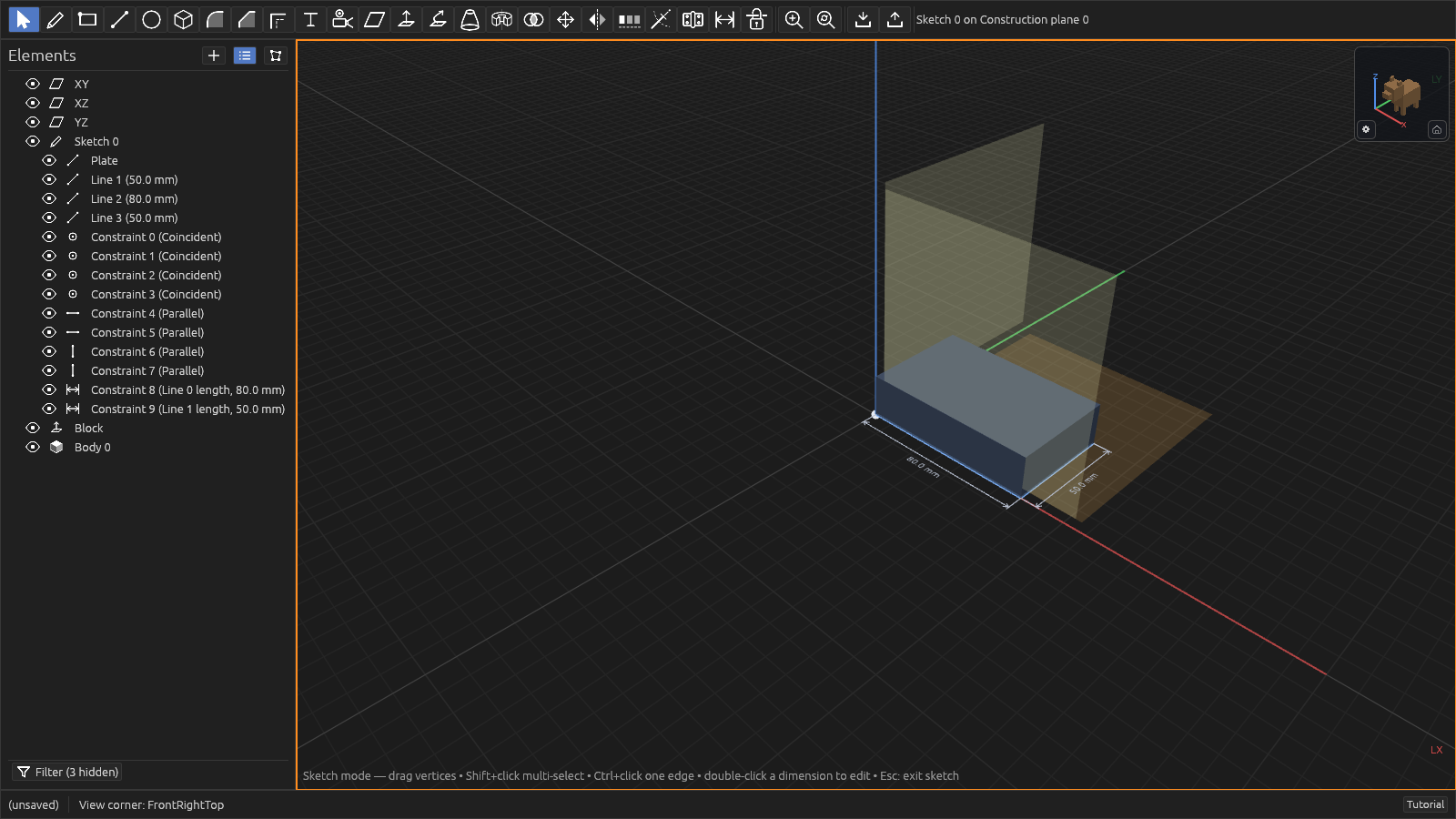 The BearCAD window: the Elements pane, 3D viewport, and Context/Parameters panes