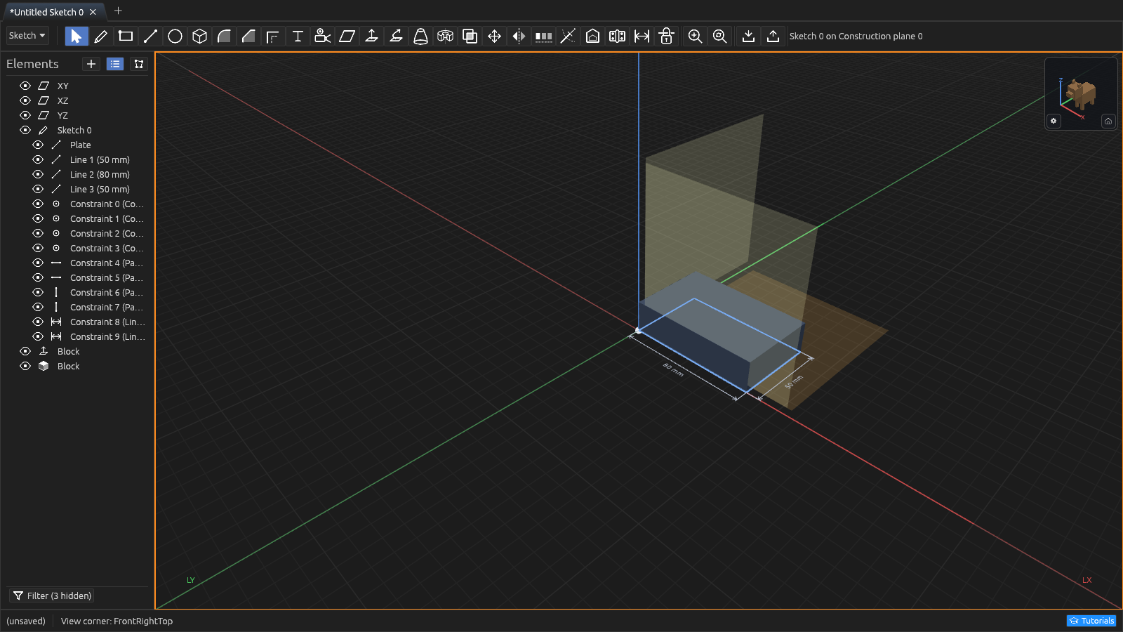 The BearCAD window: the Elements pane, 3D viewport, and Context/Parameters panes