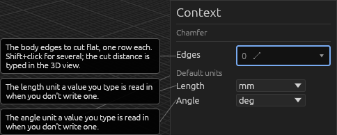 The Chamfer tool's Context pane on a solid, each field explained
