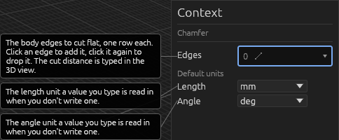 The Chamfer tool's Context pane on a solid, each field explained