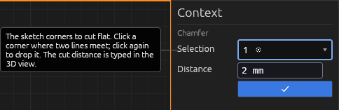 The Chamfer tool's Context pane inside a sketch, each field explained