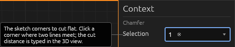 The Chamfer tool's Context pane inside a sketch, each field explained