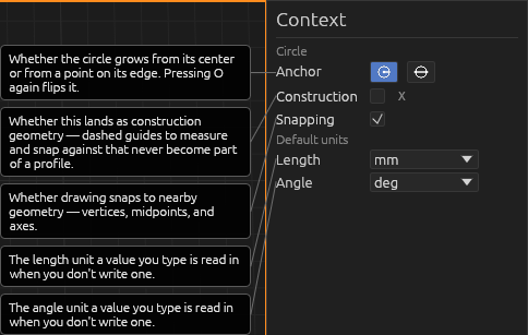 The Circle tool's Context pane, each field explained