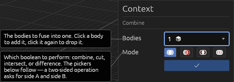 The Combine tool's Context pane in Combine mode, each field explained