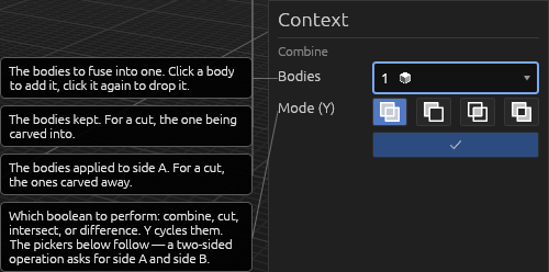 The Combine tool's Context pane in Combine mode, each field explained