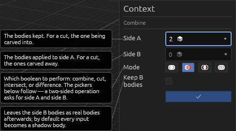 The Combine tool's Context pane in Cut mode, each field explained