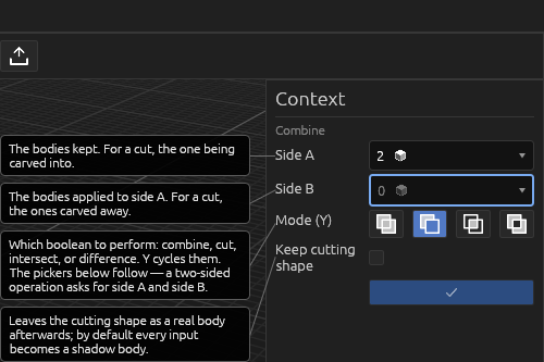 The Combine tool's Context pane in Cut mode, each field explained