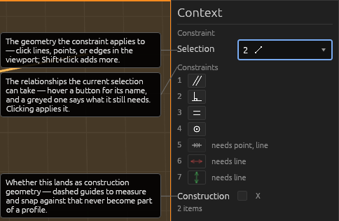 The Constraint tool's Context pane, each field explained