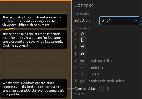 The Constraint tool's Context pane, each field explained