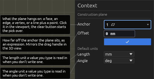 The Construction Plane tool's Context pane, each field explained