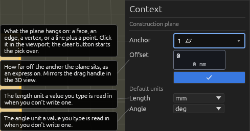 The Construction Plane tool's Context pane, each field explained