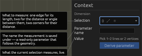 The Dimension tool's Context pane, each field explained