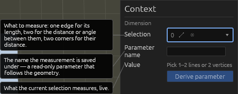 The Dimension tool's Context pane, each field explained