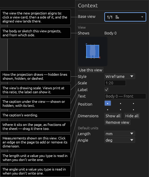 The Aligned view tool's Context pane, each field explained