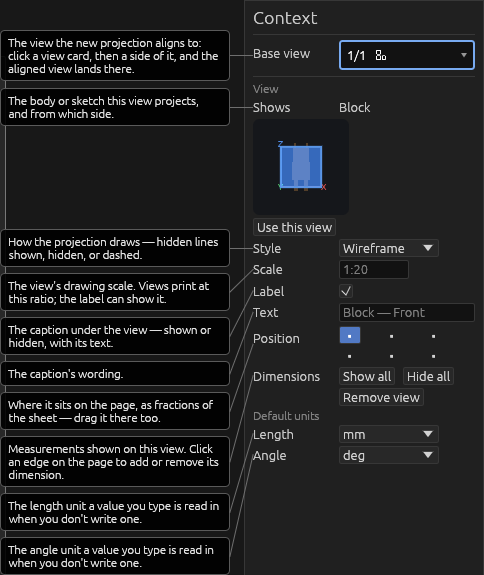 The Aligned view tool's Context pane, each field explained