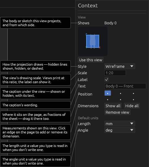 The Projection tool's Context pane, each field explained