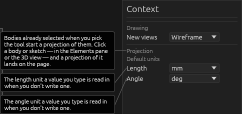 The Projection tool's Context pane, each field explained