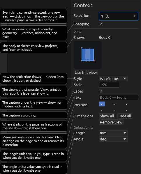 A selected view's Context pane, each field explained