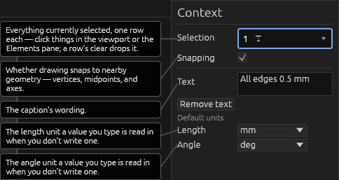 A drawing text note's Context pane, each field explained