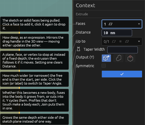 The Extrude tool's Context pane with a face picked, each field explained