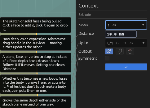 The Extrude tool's Context pane with a face picked, each field explained