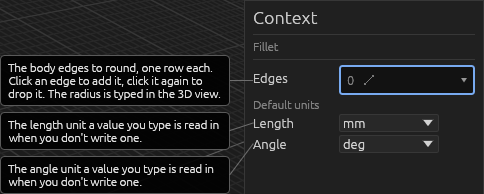 The Fillet tool's Context pane on a solid, each field explained