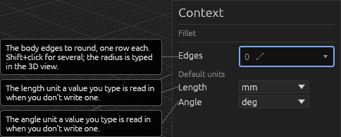 The Fillet tool's Context pane on a solid, each field explained
