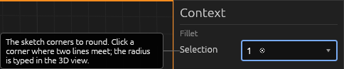 The Fillet tool's Context pane inside a sketch, each field explained