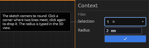 The Fillet tool's Context pane inside a sketch, each field explained