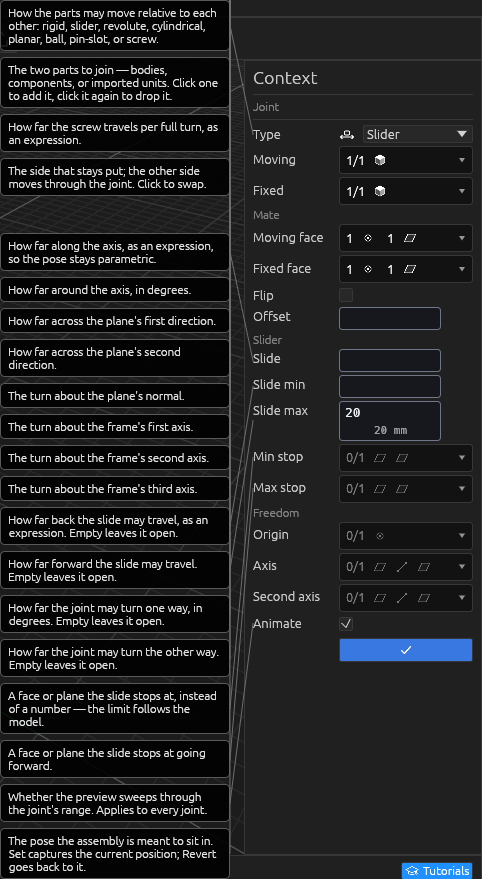 The Joint tool's Context pane, each field explained
