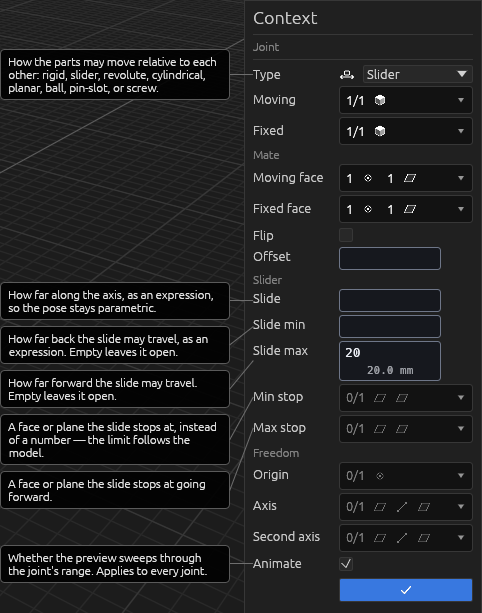 The Joint tool's Context pane, each field explained
