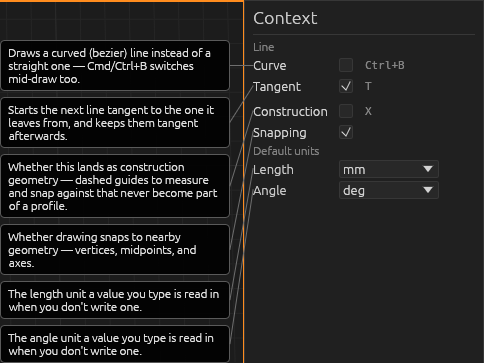 The Line tool's Context pane, each field explained