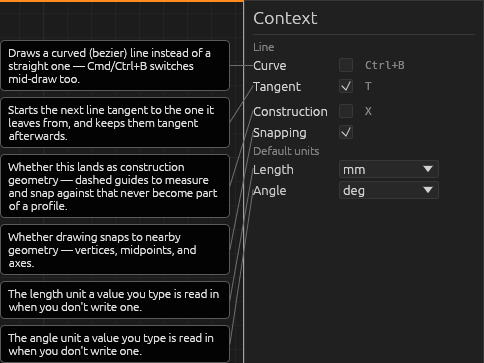 The Line tool's Context pane, each field explained
