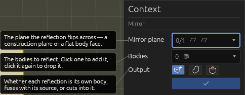 The Mirror tool's Context pane, each field explained