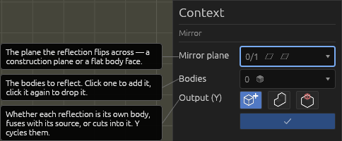 The Mirror tool's Context pane, each field explained
