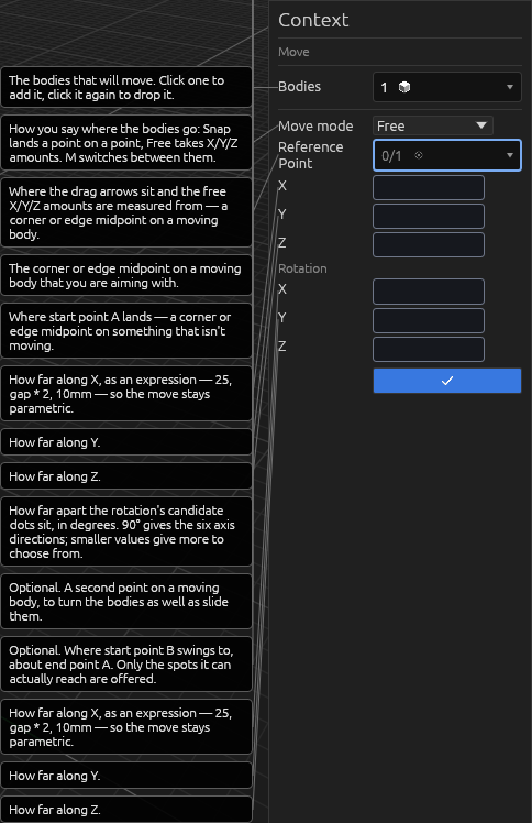 The Move tool's Context pane in Free mode, each field explained