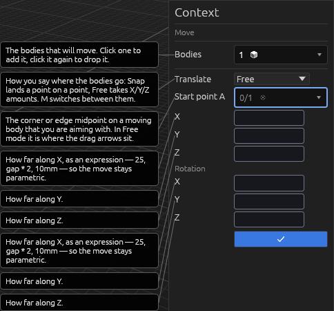 The Move tool's Context pane in Free mode, each field explained