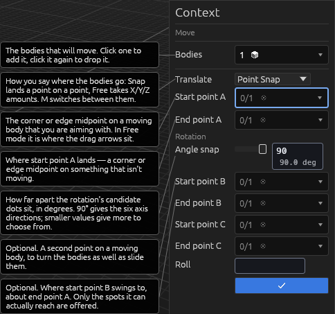 The Move tool's Context pane in Snap mode, each field explained