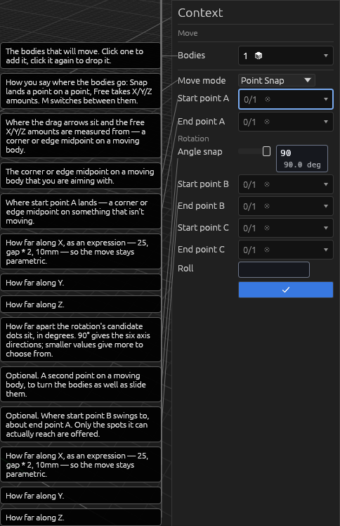 The Move tool's Context pane in Snap mode, each field explained