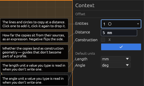 The Offset tool's Context pane, each field explained