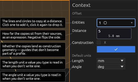 The Offset tool's Context pane, each field explained