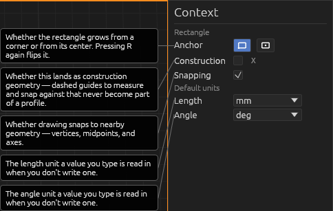The Rectangle tool's Context pane, each field explained