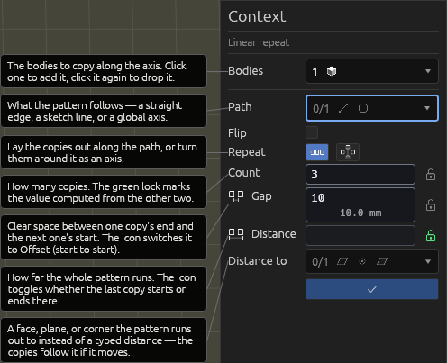 The Repeat tool's Context pane, each field explained
