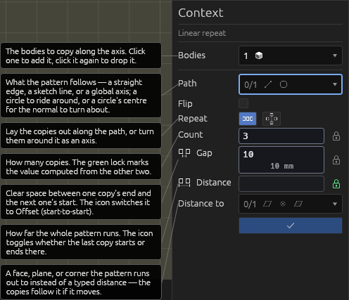 The Repeat tool's Context pane, each field explained