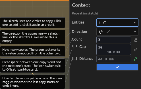 The Repeat tool's Context pane in a sketch, each field explained