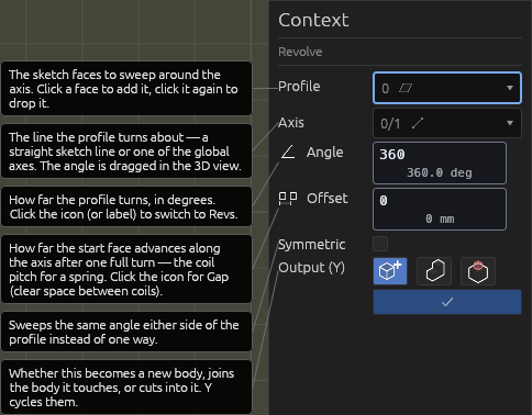 The Revolve tool's Context pane, each field explained