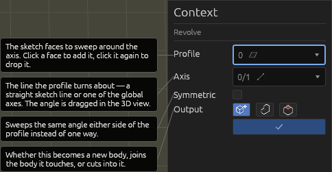 The Revolve tool's Context pane, each field explained